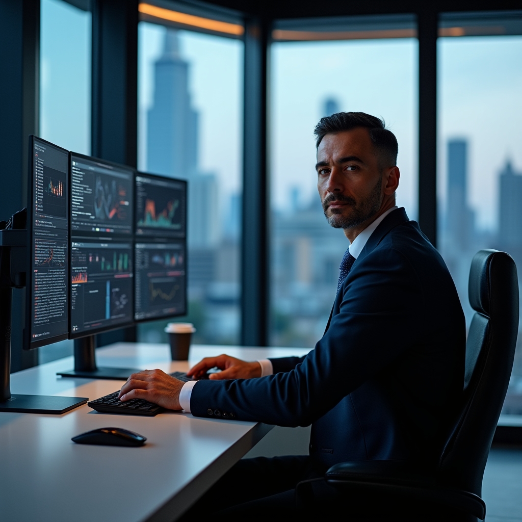 Специалист работает с цифровыми инструментами на рабочем месте