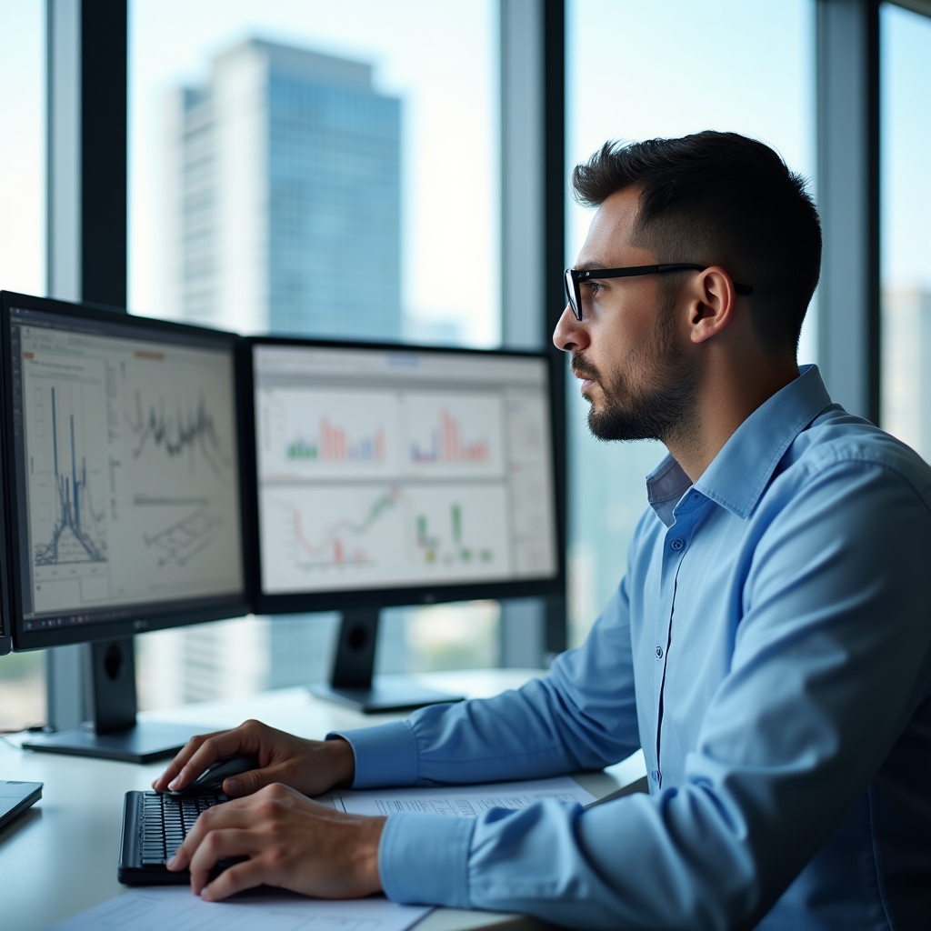 Специалист работает за рабочей станцией с несколькими мониторами